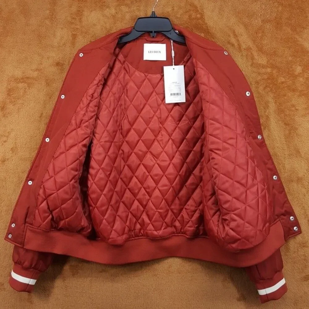 LES DEUX Varsity Jacket Mens Large Red Orange Stripe Tech Quilted Lining $319